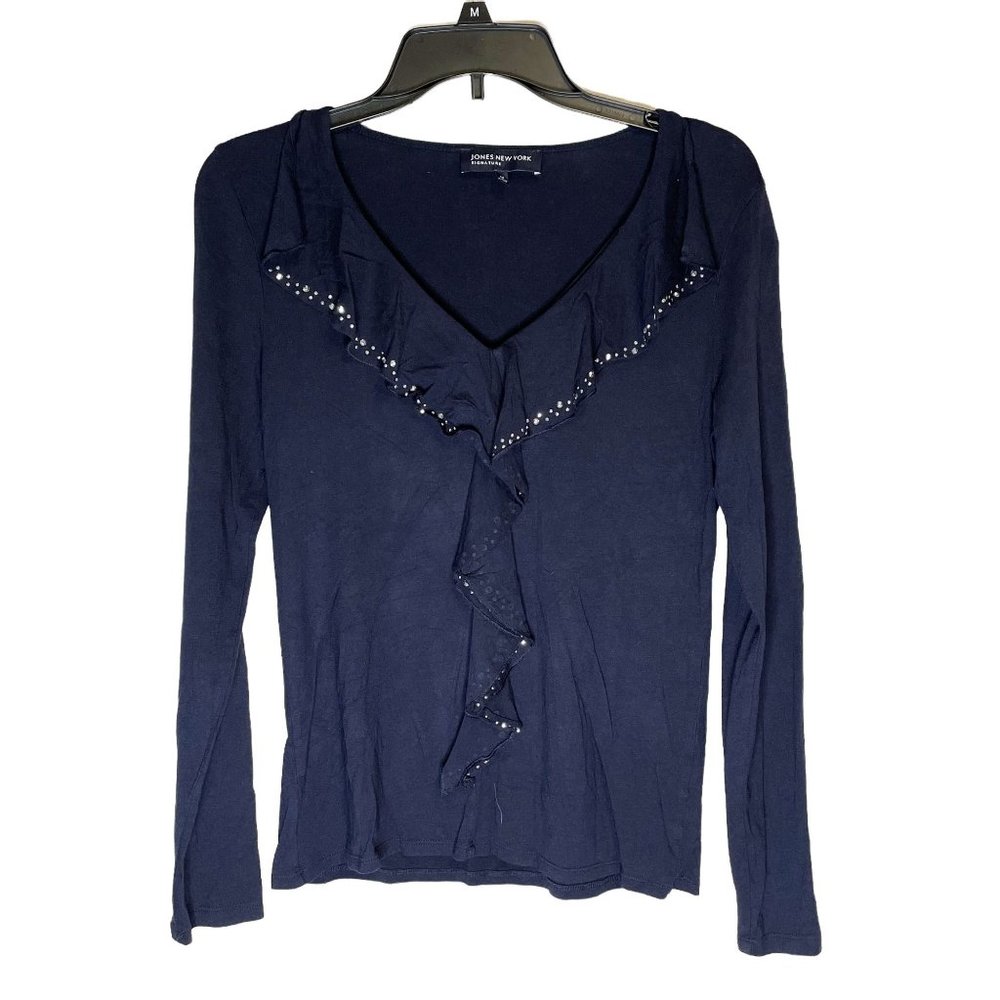 Jones New York Super Soft Long Sleeve Embellished Ruffle Blue Blouse Top Medium